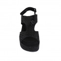 Woman's sandal with velcro strap in black printed fabric wedge heel 7 - Available sizes:  42, 43, 44