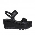 Woman's sandal in black leather with velcro strap wedge heel 7 - Available sizes:  42, 44