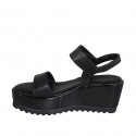 Woman's sandal in black leather with velcro strap wedge heel 7 - Available sizes:  42, 44