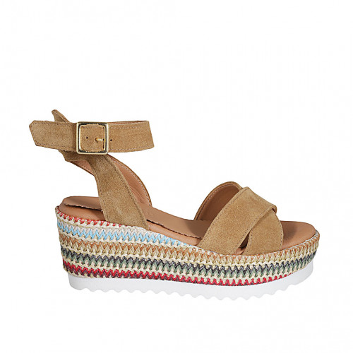 Sandale pour femmes avec plateforme et courroie en daim cognac et tissu multicouleur talon compensé 7 - Pointures disponibles:  42, 43