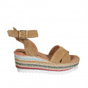 Sandale pour femmes avec plateforme et courroie en daim cognac et tissu multicouleur talon compensé 7 - Pointures disponibles:  42, 43