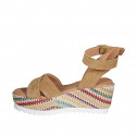 Sandale pour femmes avec plateforme et courroie en daim cognac et tissu multicouleur talon compensé 7 - Pointures disponibles:  42, 43