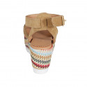 Woman's strap sandal with platform in tan brown suede and multicolored fabric wedge heel 7 - Available sizes:  42, 43