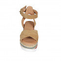 Woman's strap sandal with platform in tan brown suede and multicolored fabric wedge heel 7 - Available sizes:  42, 43