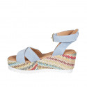 Woman's strap sandal with platform in light blue suede and multicolored fabric wedge heel 7 - Available sizes:  42, 43