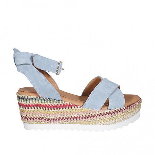 Sandalia para mujer con plataforma y cinturon en gamuza azul claro y tejido multicolor cuña 7 - Tallas disponibles:  42, 43