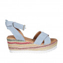 Woman's strap sandal with platform in light blue suede and multicolored fabric wedge heel 7 - Available sizes:  42, 43