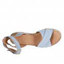Woman's strap sandal with platform in light blue suede and multicolored fabric wedge heel 7 - Available sizes:  42, 43