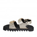 Woman's sandal with adjustable buckles in platinum laminated leather wedge heel 2 - Available sizes:  32, 42, 43