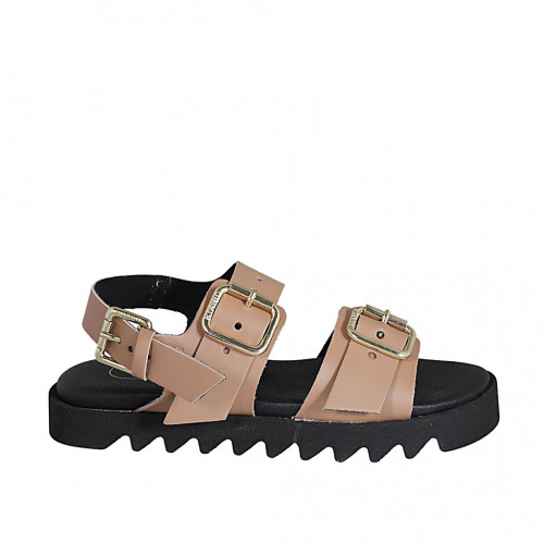 Woman's sandal with adjustable buckles in nude leather wedge heel 2 - Available sizes:  32, 33, 34, 42, 43, 44, 45, 46