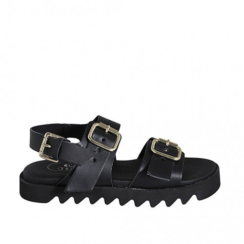 Woman's sandal with adjustable buckles in black leather wedge heel 2 - Available sizes:  32, 34, 43, 46