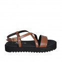 Woman's sandal in brown leather with crossed strap and wedge heel 2 - Available sizes:  42, 43