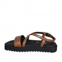Woman's sandal in brown leather with crossed strap and wedge heel 2 - Available sizes:  42, 43, 44