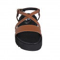 Woman's sandal in brown leather with crossed strap and wedge heel 2 - Available sizes:  42, 43, 44