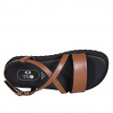 Woman's sandal in brown leather with crossed strap and wedge heel 2 - Available sizes:  42, 43