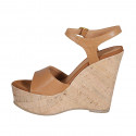Woman's strap sandal in cognac brown leather with platform and wedge heel 12 - Available sizes:  42, 43