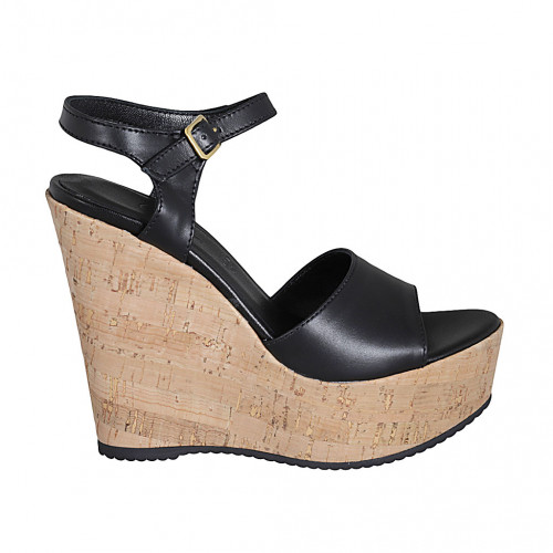 Woman's sandal in black leather with platform, strap and wedge heel 12 - Available sizes:  42, 43