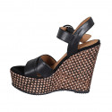 Woman's strap sandal in black leather with platform and braided wedge heel 12 - Available sizes:  31, 43