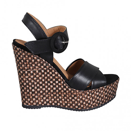 Woman's strap sandal in black leather with platform and braided wedge heel 12 - Available sizes:  31, 43