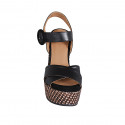 Woman's strap sandal in black leather with platform and braided wedge heel 12 - Available sizes:  31, 43