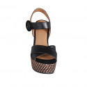 Woman's strap sandal in black leather with platform and braided wedge heel 12 - Available sizes:  43