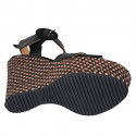 Woman's strap sandal in black leather with platform and braided wedge heel 12 - Available sizes:  31, 43