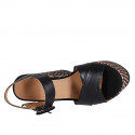 Woman's strap sandal in black leather with platform and braided wedge heel 12 - Available sizes:  31, 43