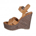 Woman's strap sandal in cognac brown leather with platform and braided wedge heel 12 - Available sizes:  32, 43