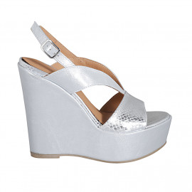 Sandale pour femmes en cuir imprimé lamé argent avec platforme et talon compensé 12 - Pointures disponibles:  31, 33, 43