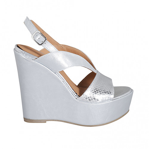 Sandalo da donna in pelle stampata laminata argento con plateau e zeppa 12 - Misure disponibili: 31, 32, 33, 34, 43, 46