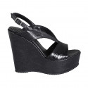 Woman's platform sandal in black laminated printed leather wedge heel 12 - Available sizes:  31, 32, 43, 45