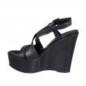 Woman's strap and platform sandal in black laminated printed leather wedge heel 12 - Available sizes:  31, 34, 43