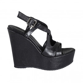 Sandale pour femmes en cuir imprimé lamé noir avec courroie, platforme et talon compensé 12 - Pointures disponibles: 31, 34, 43