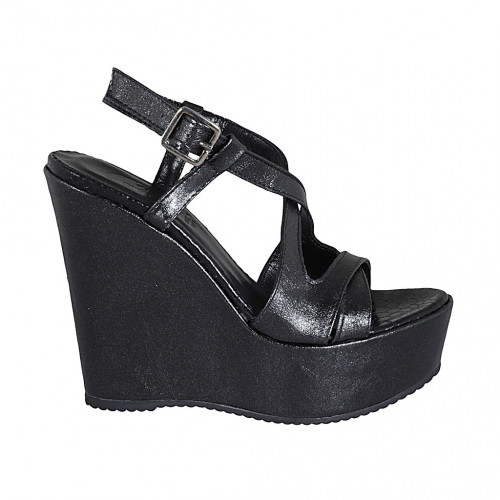 Woman's strap and platform sandal in black laminated printed leather wedge heel 12 - Available sizes:  31, 34, 43