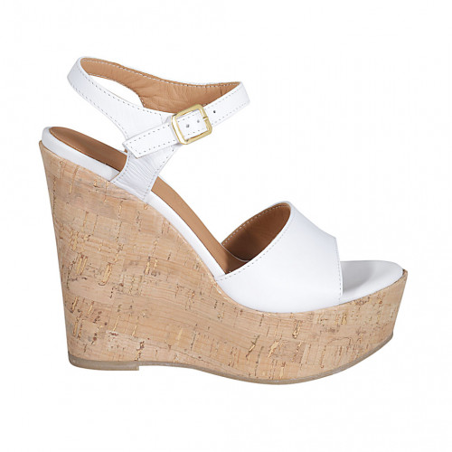 Woman's sandal with strap and platform in white leather wedge heel 12 - Available sizes:  43