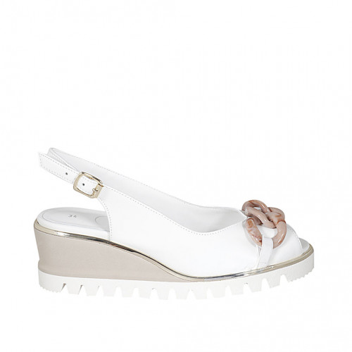 Sandale pour femmes avec chaîne en cuir blanc talon compensé 4 - Pointures disponibles:  42