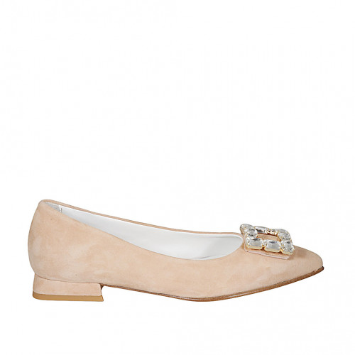 ﻿Women's pointy pump in beige suede with rhinestones accessory heel 1 - Available sizes:  32, 33