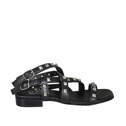 Sandale pour femmes avec courroies et goujons en cuir noir talon 2 - Pointures disponibles:  33, 42