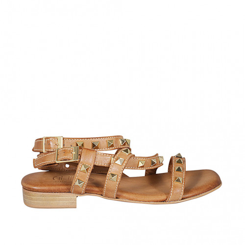 Woman's sandal with studs and straps in cognac brown leather heel 2 - Available sizes:  32, 33