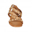 Woman's sandal with studs and straps in cognac brown leather heel 2 - Available sizes:  32, 33