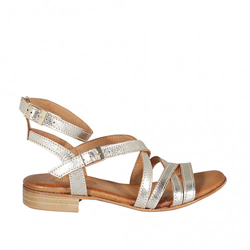 Woman's sandal with ankle straps in platinum laminated leather with heel 2 - Available sizes:  33