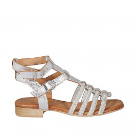 Woman's sandal with straps and rhinestones in silver laminated leather heel 2 - Available sizes:  32, 33