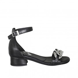 Woman's open shoe with strap and chain in black leather heel 3 - Available sizes: 33, 34, 43