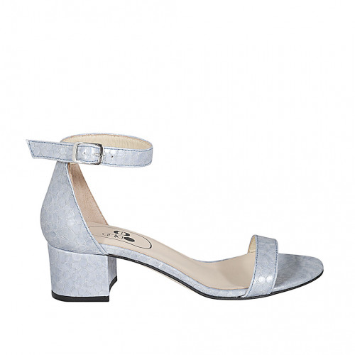 Woman's open shoe with strap in light blue printed patent leather heel 5 - Available sizes:  33, 42, 43, 45, 46