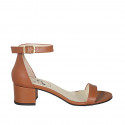 Woman's open shoe in tan brown leather with strap heel 5 - Available sizes:  42, 43, 44, 45