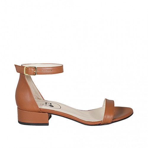 Woman's open shoe in cognac brown leather with strap heel 3 - Available sizes:  32, 33, 34, 42, 43, 44, 45