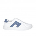 Man's laced shoe with removable insole in white leather and pierced leather and blue nubuck leather - Available sizes:  37, 38, 46, 47, 48, 50