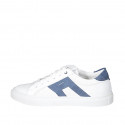 Man's laced shoe with removable insole in white leather and pierced leather and blue nubuck leather - Available sizes:  38, 46, 47, 48