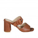 Woman's mules in tan brown leather with buckle heel 7 - Available sizes:  42, 44