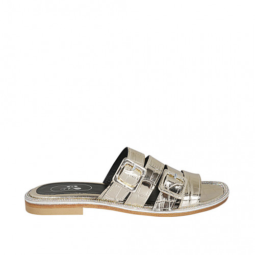 Woman's mules with rhinestones and buckles in platinum laminated printed patent leather heel 1 - Available sizes:  33, 42, 44